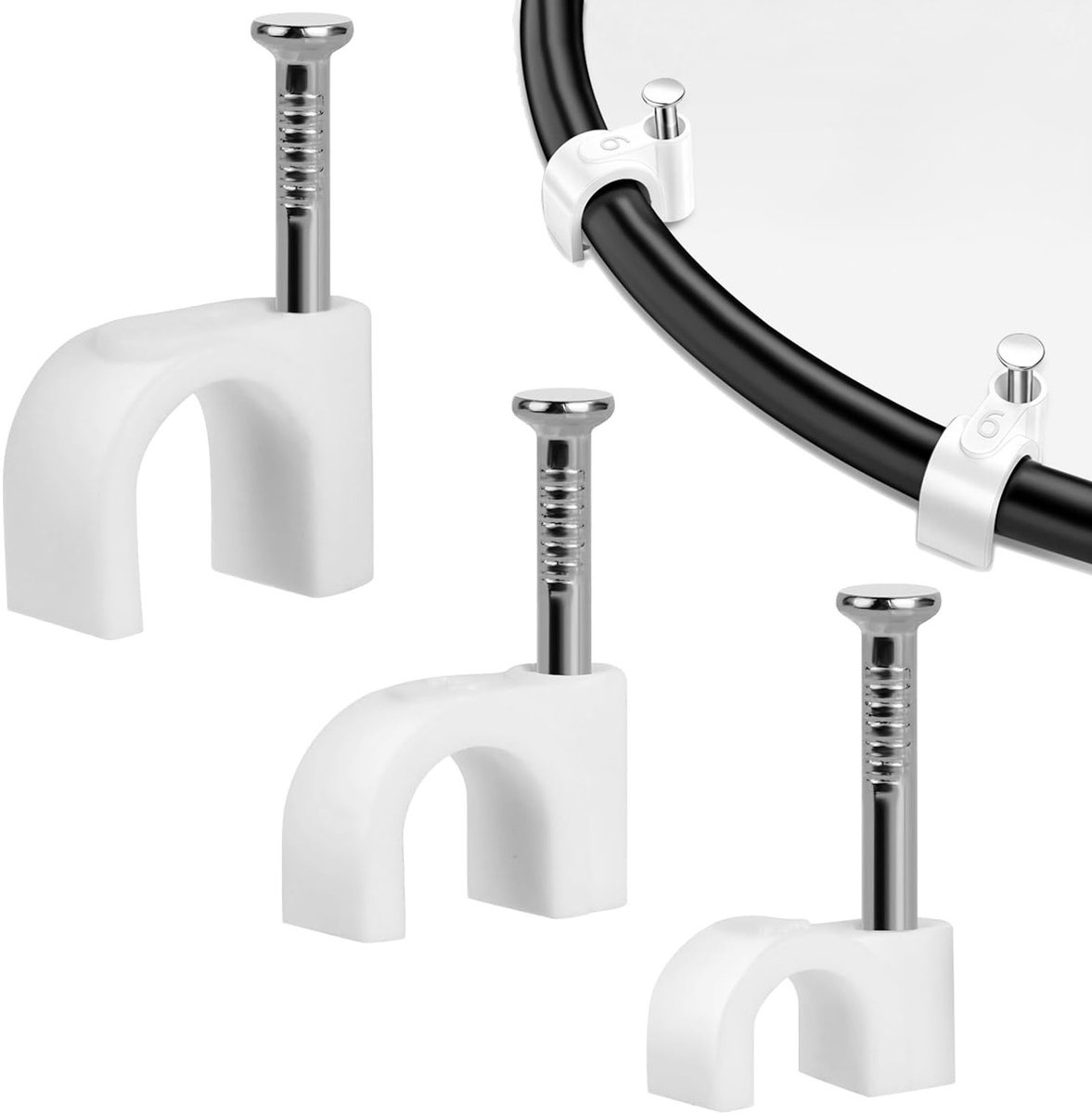 Set van 300 Professionele Kabelclips, Ronde Wandhaakjes voor Kabelbeheer, Geschikt voor 4-8mm Dikke Kabels, Wit met Ingebouwde Spijker voor Zware Kabels