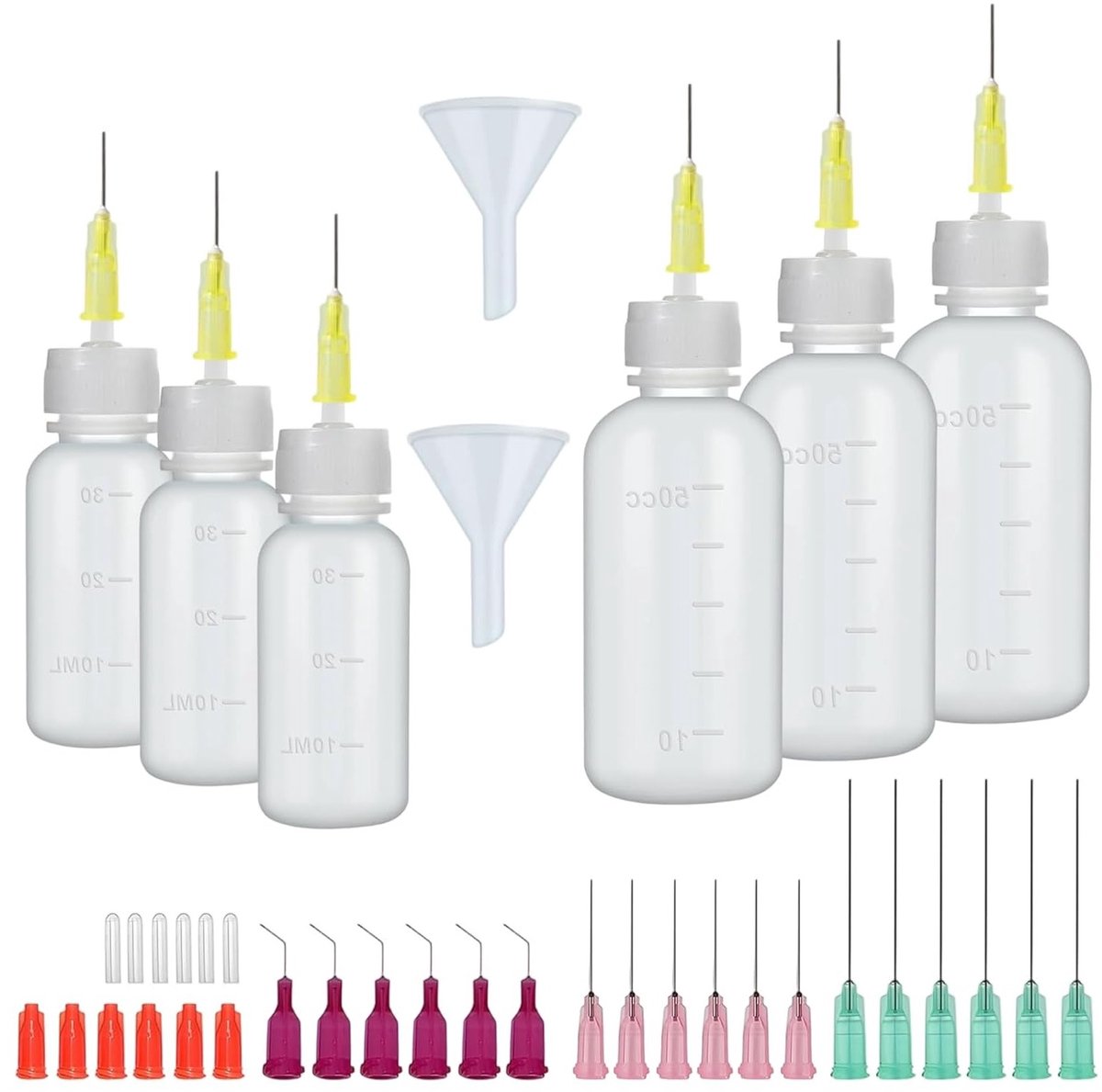 Set van 6 Precisie Flesjes 30/50 ml met Doseernaald en Deksel, Duurzaam en Lekvrij, Ideaal voor Lijm, Olie en Naaimachines