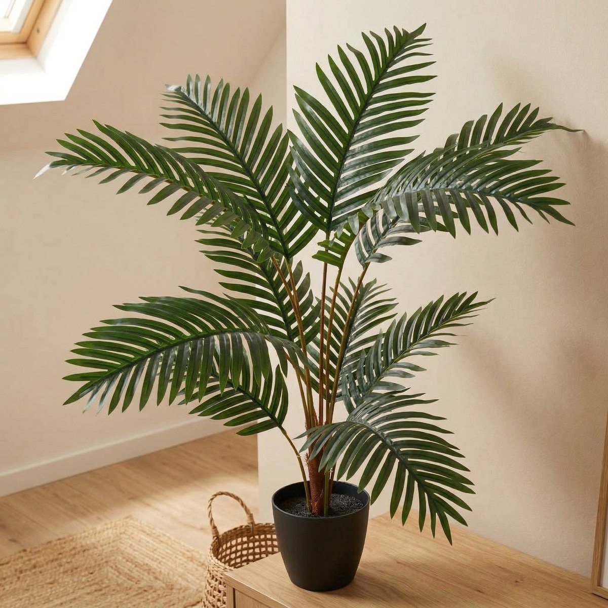 Cheqo® Kunstplant Palm - Kunstpalm voor Binnen - Areca Palm Nepplant met Pot - Palmboom Kamerplant - Tropisch Groen - Nep Palm Decoratie - Kunst Palmplant voor Woonkamer en Kantoor - Goudpalm - Neppe Palmboom - Onderhoudsvrij