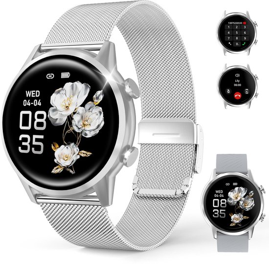 Smartwatch – Nieuw dameshorloge – 1,39-inch scherm – Sporthorloge voor dames – Bellen en gebeld worden – Slaapregistratie en stappenteller – Compatibel met Android 5.0 of hoger / iOS 9.0 of hoger – Zilverkleurig – Inclusief 2 horlogebandjes