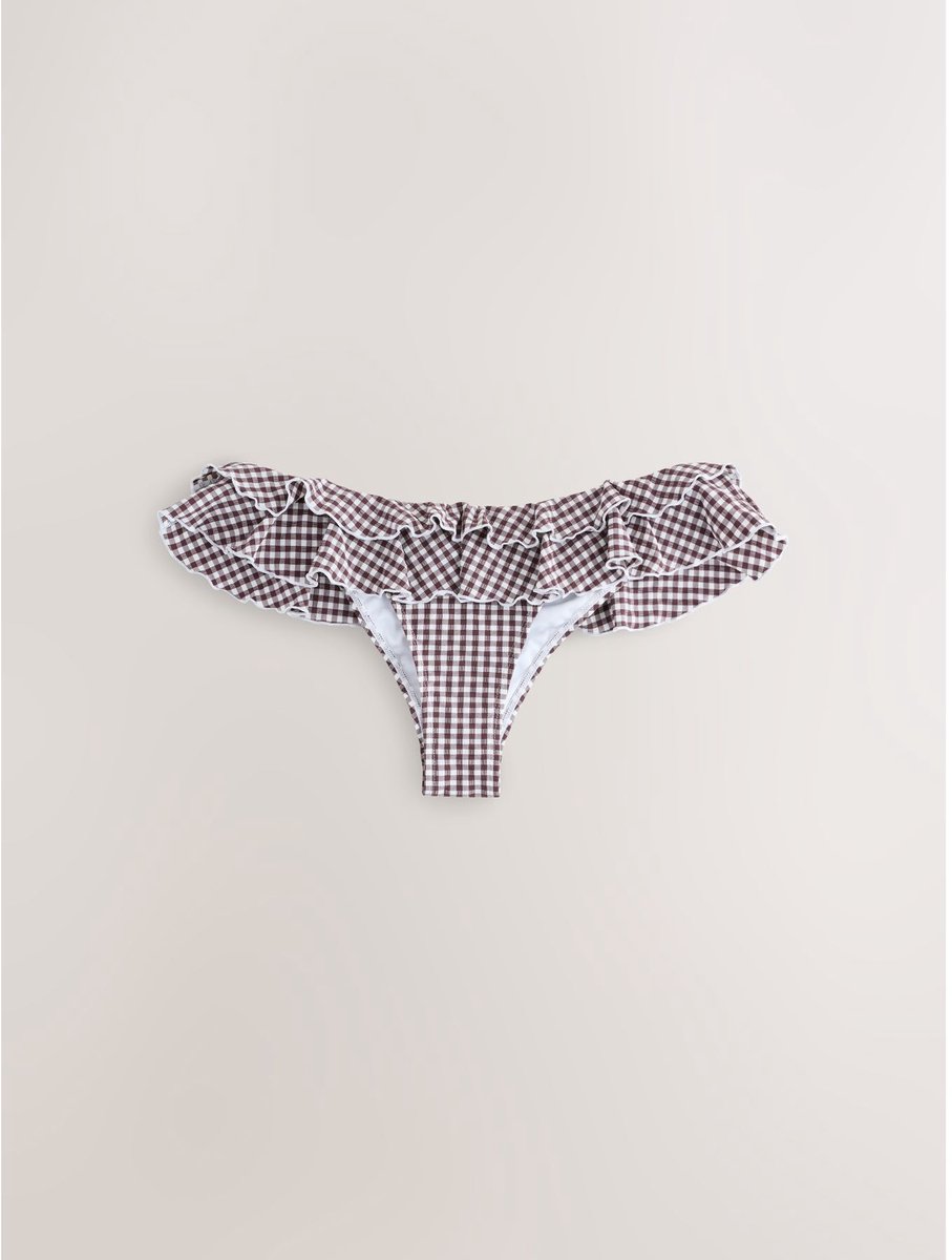 Next Dames - Hoog opgesneden bikinislip met ruches - Bruin Chocolate Brown Gingham