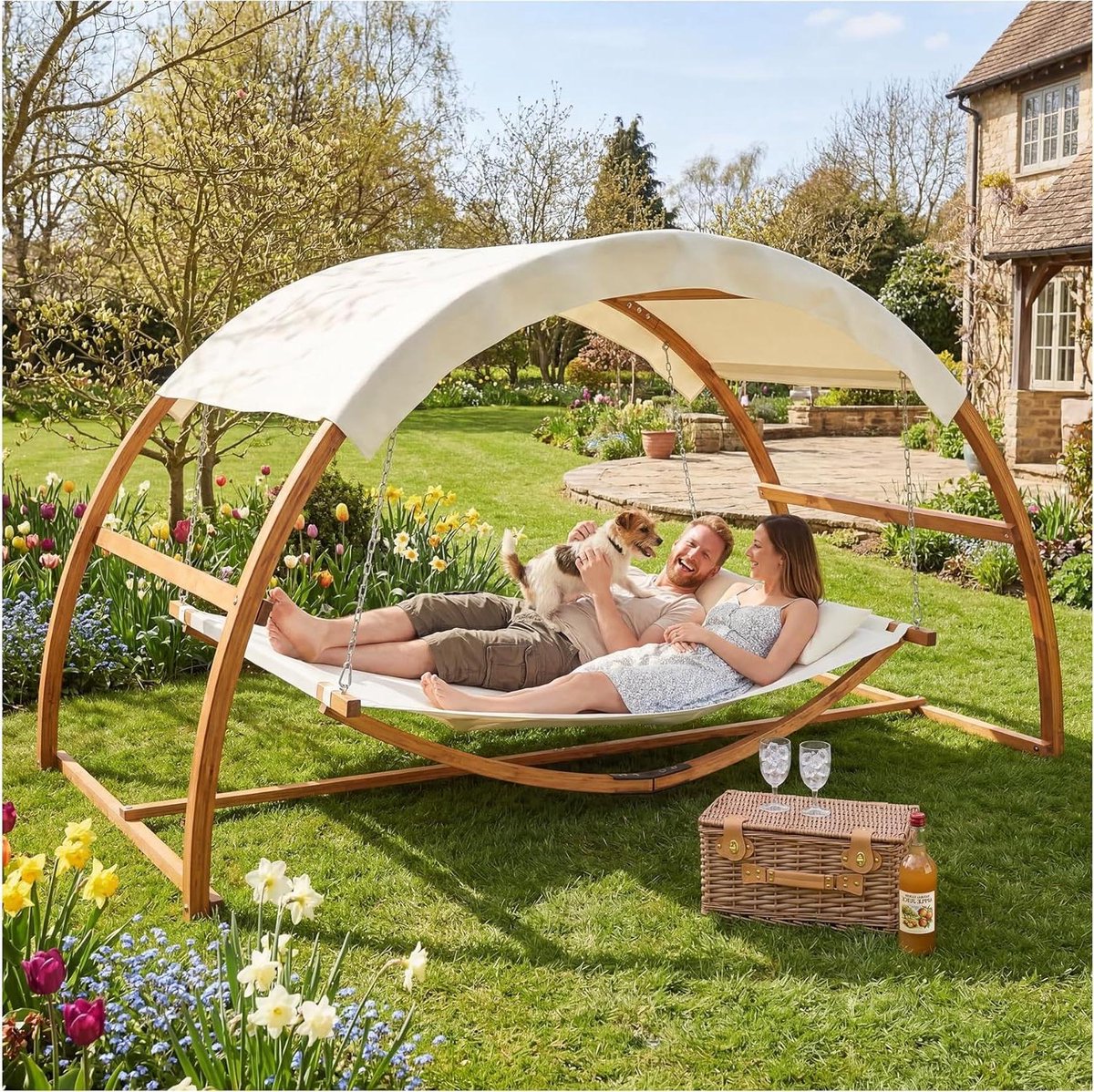 Hangmat voor 2 Personen - Hangligstoel Hangschommel - Ontspannen in de tuin - Robuust houten frame