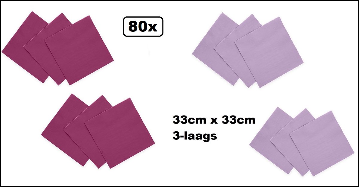 80x Servetten paars en lila 33cm x 33cm - 3 laags - Cocktail servet diner eten knoeien restaurant BBQ thema feest verjaardag feest