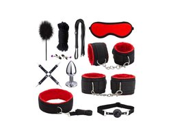 Oneay BDSM Extreme Bondage Set - 11 Delig -SM Handboeien - Zweep / Veer / Tepelklemmen - Sex Toys voor Koppels - Seksspeeltjes voor mannen en vrouwen - Sex Pakket en Toys - Rood