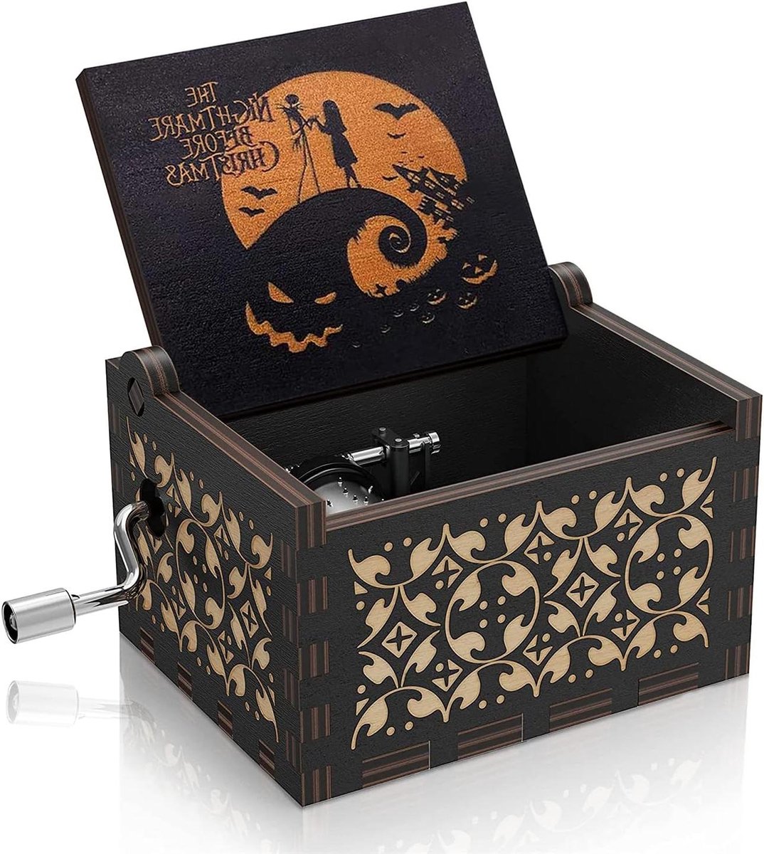 Houten Muziekdoos - Vintage Decoratie - Muziek Afspelen - Handmatige Zwengel - 6.5x5.3x3.7 cm - Halloween Thema