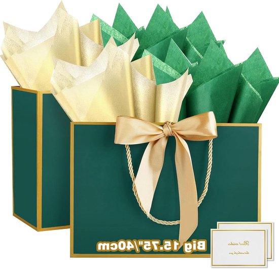 HONTIUS 40 x 30 x 12.5 cm, Large Gift Bags Maxi XXL Large Gift Bags with Tissue Paper and Cards, 40 x 30 x 12.5 cm, Gift Bag for Wedding, Christmas, Business Party, Birthday, Pack of 2