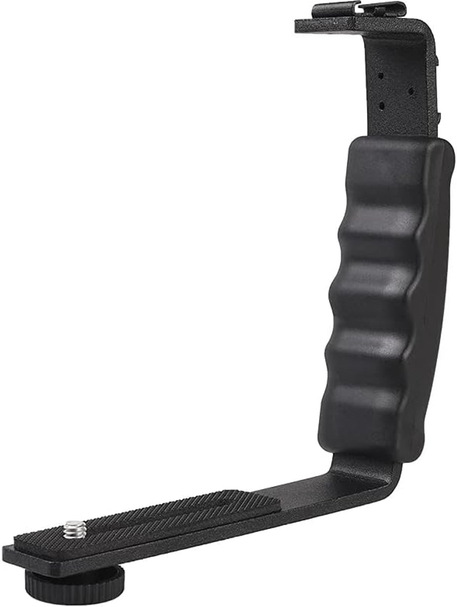 L-vormig flitsstatief met dubbele flitsschoenbevestiging en statiefschroeven, geschikt voor Canon/Nikon/Sony/Yongnuo en andere merken camcorders, microfoons, spiegelreflexcamera's en flitsers.