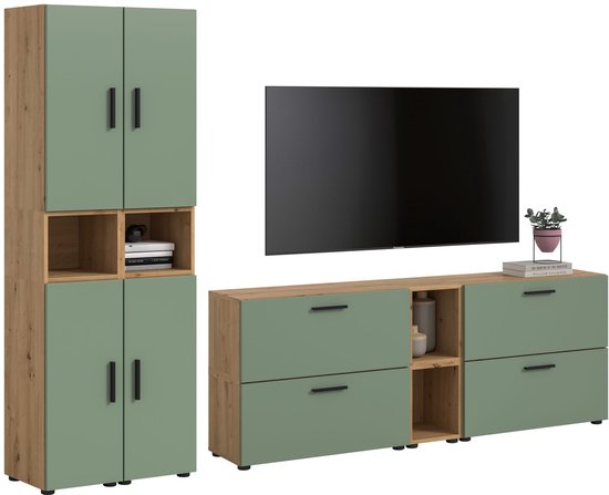 Modulaire woonwand met hoge kast en laag dressoir in houtdecor en groen.