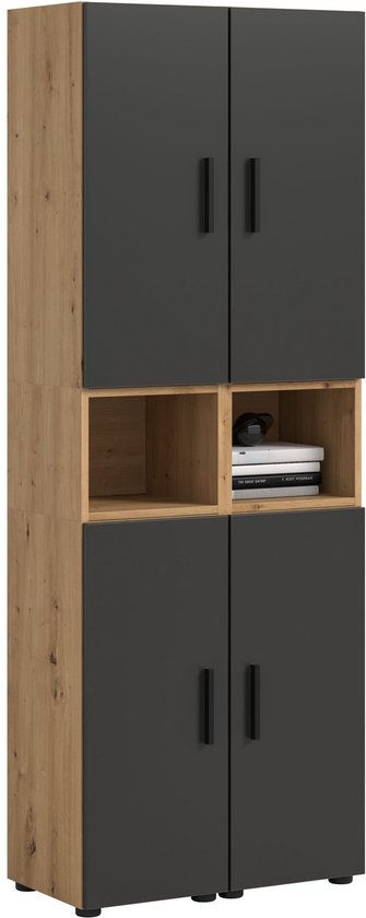 Hoge kast met donkergrijze deuren en vakken, gecombineerd met eikenhouten zijkanten.