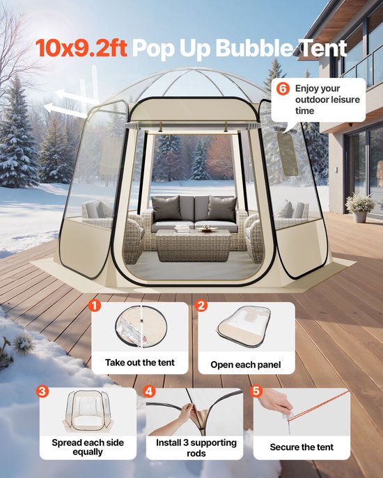 VEVOR Pop-up Bubble Tent, 30,5x27,5x22cm, Transparante Kampeertent, Tuinkoepel Iglo Tent met Ramen, Sporttent, 540° Panoramisch Uitzicht, voor 4-8 Personen, Terras, Achtertuin van Vevor — afbeelding 3