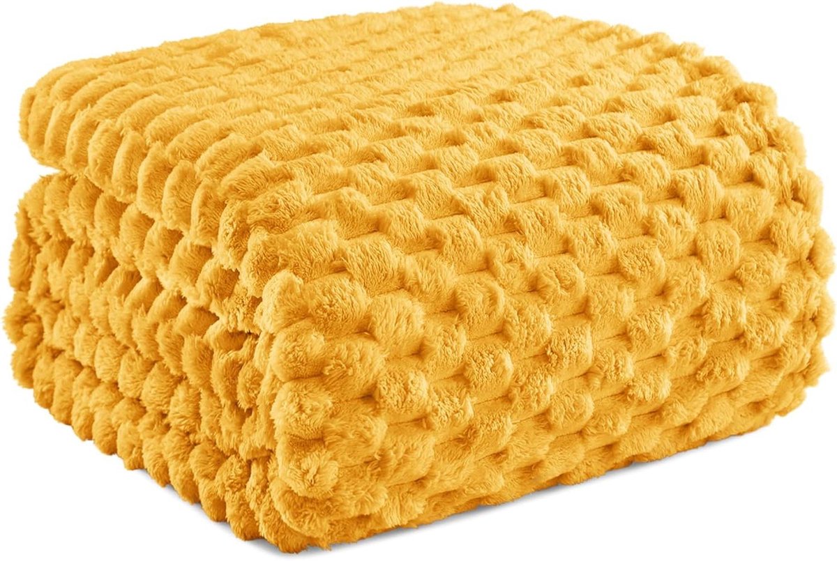 Knuffeldeken - Fleecedeken Bankdeken - Warm en Gezellig - Dubbelzijdig Pluche - 150 x 200 cm - Mosterdgeel