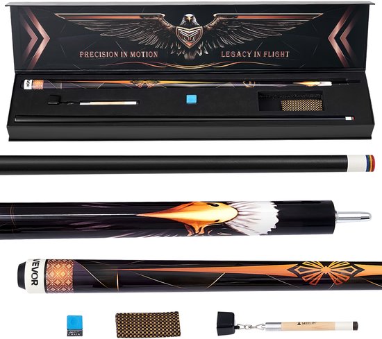 Queue de billard VEVOR avec design d'aigle et accessoires dans une boîte ouverte, avec gros plans de la queue, du procédé et des accessoires.