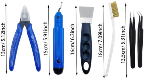 6-delige 3D-printer gereedschap set met afmetingen: tang 13cm, ontbramer 15cm, schraper 16cm, borstel 18cm, pincetten 13.5cm.