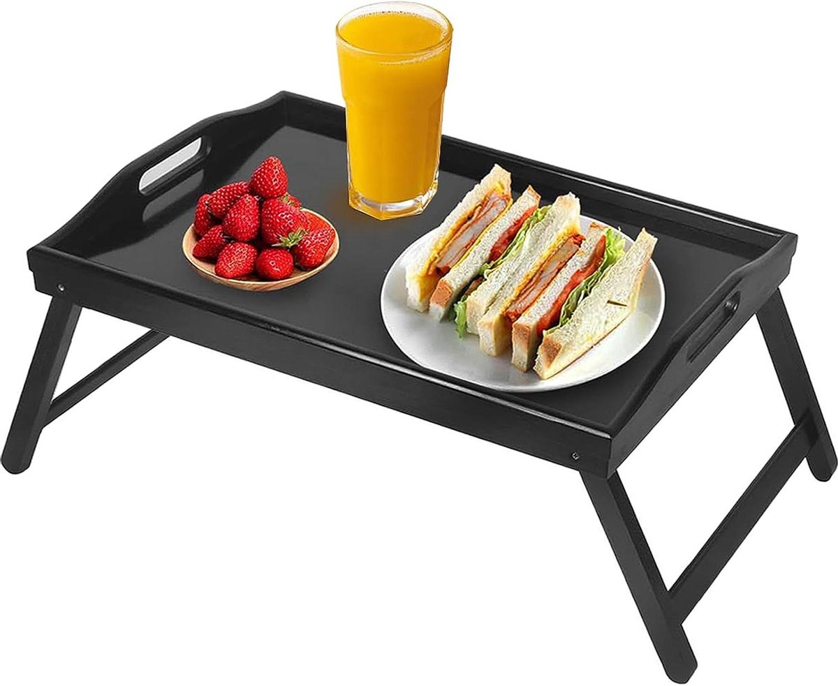 Bed Tray Table Folding Legs Breakfast Food Tray Bamboo Portable Sbark Desk Wooden Serving Dinner Tea TV Tray (A-Grey)