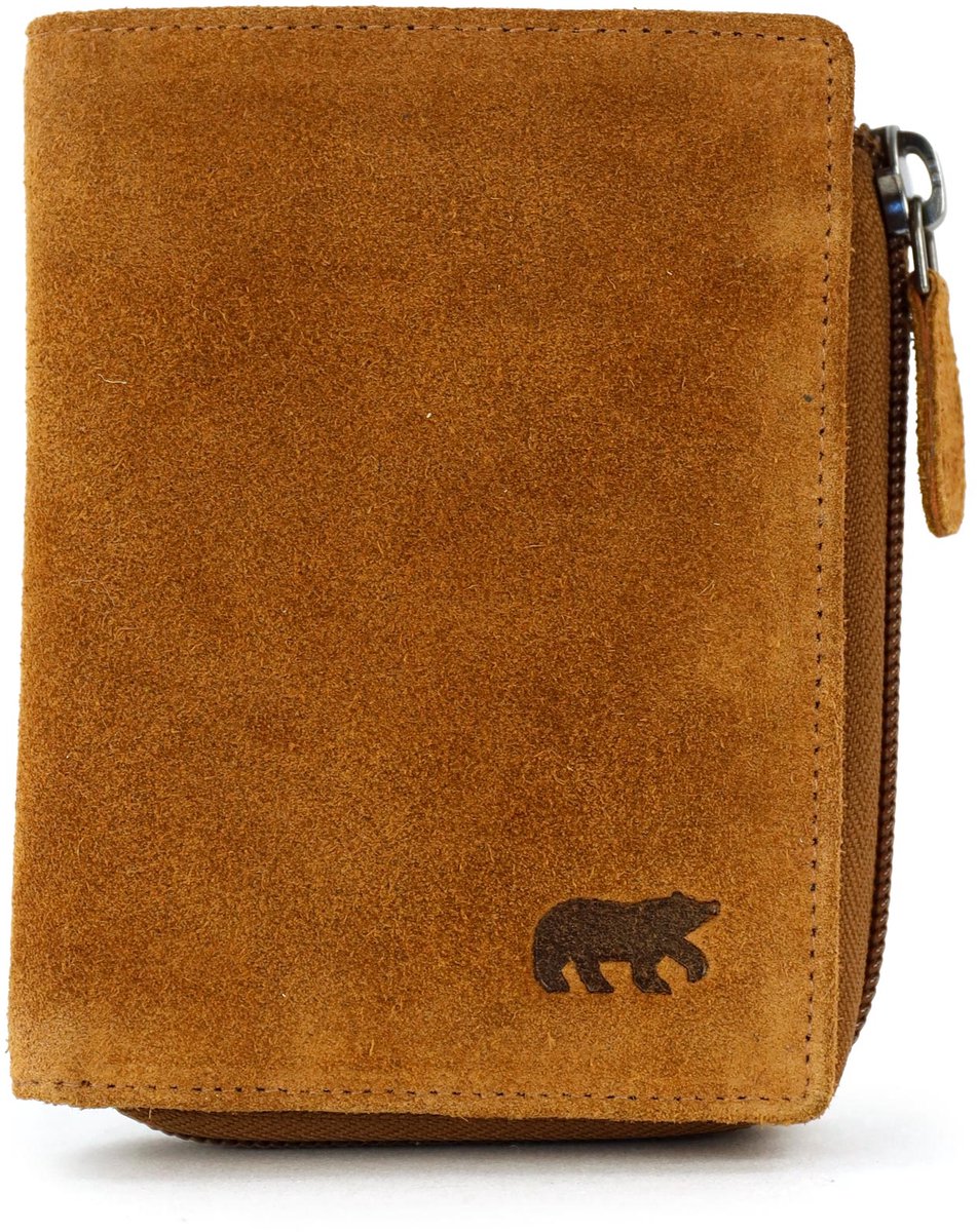 Bear Design Gungun Suede Leren Ritsportemonnee - Cognac