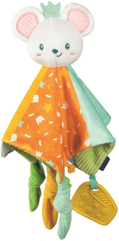 Zacht knuffeldoekje muis met gele en oranje deken en groene strikjes, met gele kaasvormige bijtring.