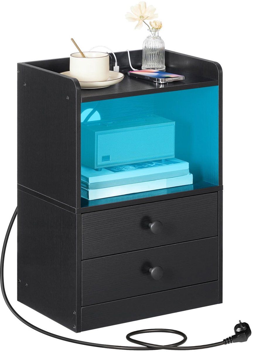 Allecto - Bedside Table - LED Strip - Modern nachtkastje met oplaadstation - Zwart - 2 lades - Ideaal voor slaapkamer en woonkamer