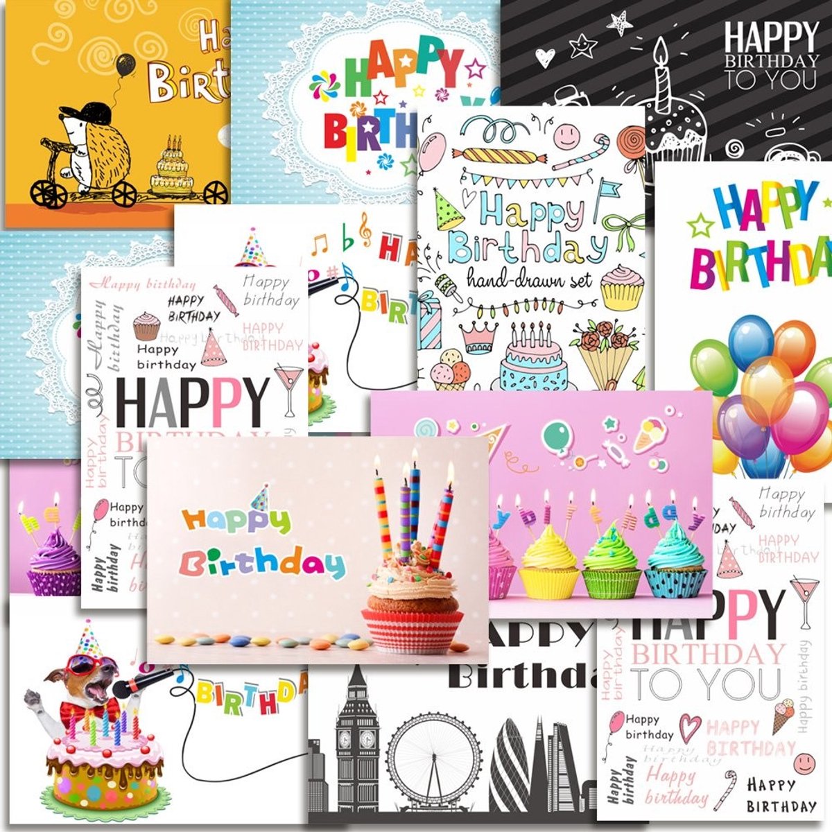 MTTProducts - Verjaardagskaarten - Set van 20 - Hoge kwaliteit - 18 x 12 cm - Unieke ontwerpen - Perfect voor verjaardagen - Inclusief enveloppen