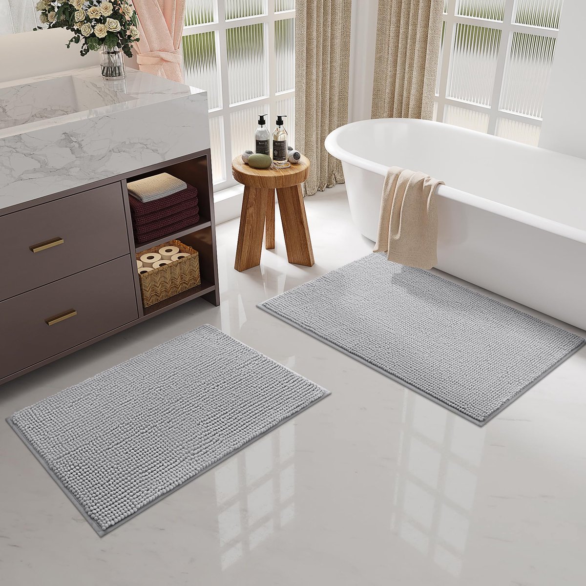 Homaxy - Badmat Antislip – Set Van 2 - Chenille Douchemat – Badmat Badkamer - Lichtgrijs - 40x60cm+40x60cm