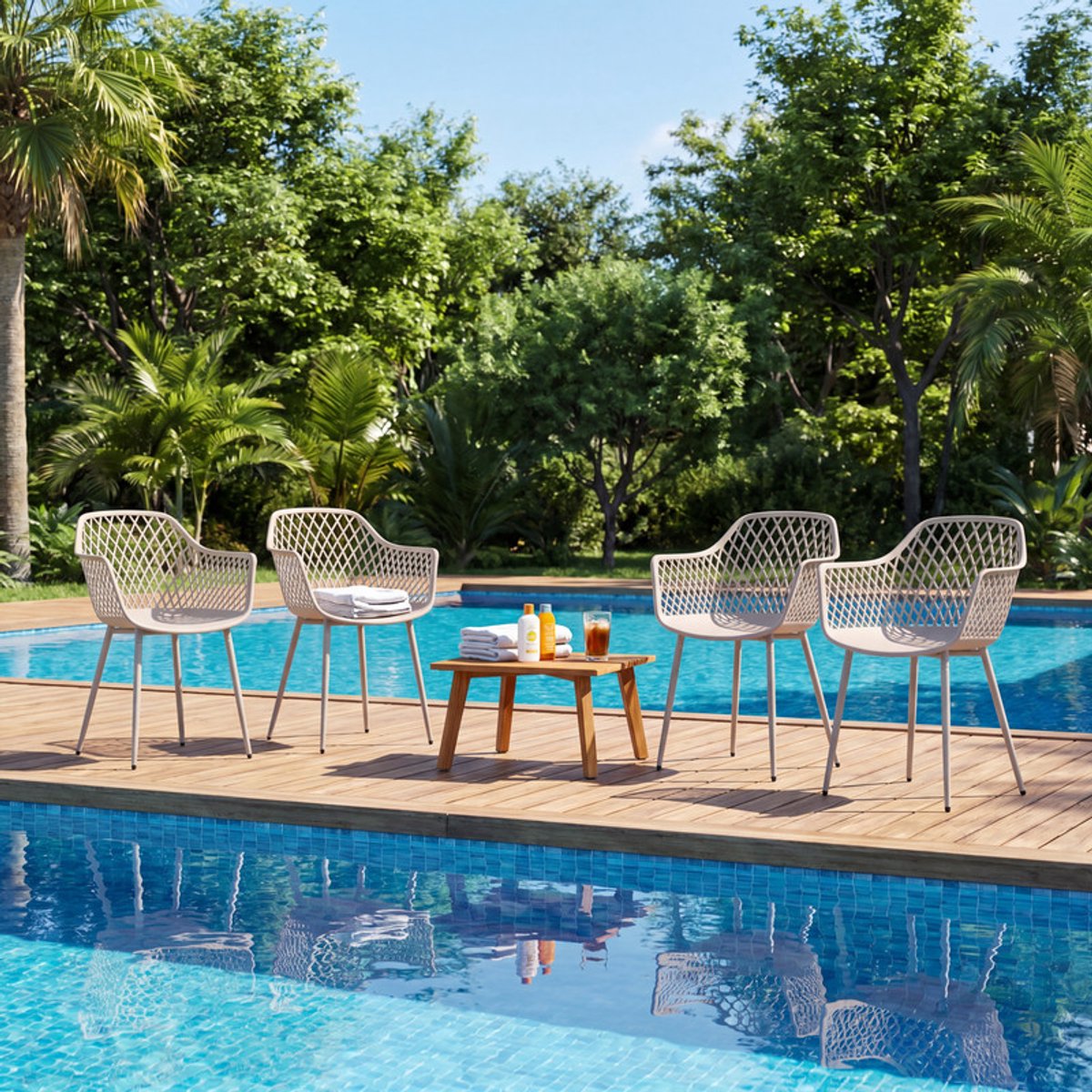 EGGREE Set van 4 tuinstoelen - kunststof - met armleuningen, - weerbestendig - voor tuin of bistro - Licht kaki