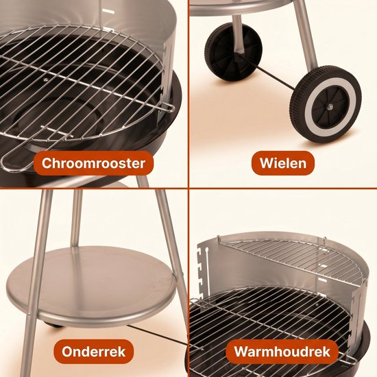 Cheqo® Houtskool Barbecue - BBQ - Houtskoolbarbecue - Ronde Barbecue - Tuinbarbecue - Houtskool Grill - BBQ op Wielen - Verrijdbare Barbecue met Onderrek - Dubbel Grillrooster - Voor Houtskool en Briketten - Voor Tuin en Camping - Zwart van Cheqo — afbeelding 5