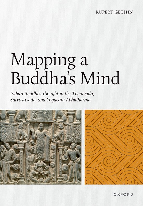 Boek 'Mapping a Buddha's Mind' van Rupert Gethin. Met aan de linkerzijde een afbeelding van een oude stenen reliëf met Boeddha-figuren. Rechts een patroon van overlappende cirkels in okergeel.