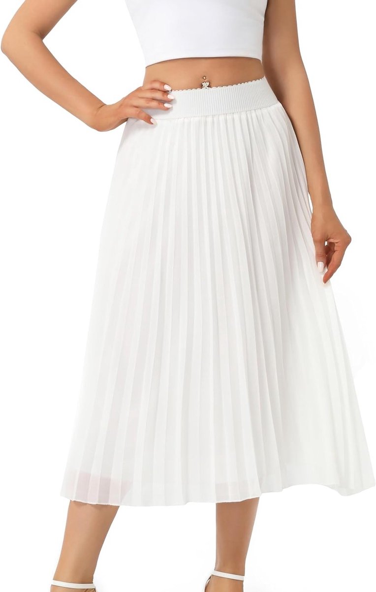 Elegante plooienrok voor dames - Midi zomerjurk met elastische taille voor casual en feestelijke gelegenheden, witte kleur