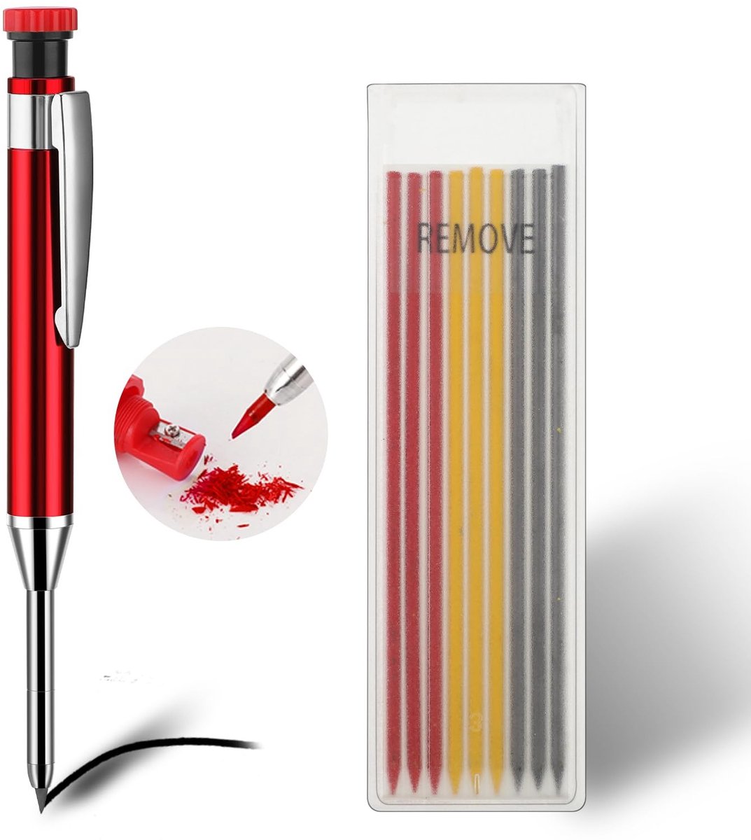 NTHProducts - Mechanische Houtbewerkingspotloden - Ingebouwde Slijper - Rood - Vervangbare Vulpotloden - Diepe Gaten Markeren - Geschikt voor Houtbewer...