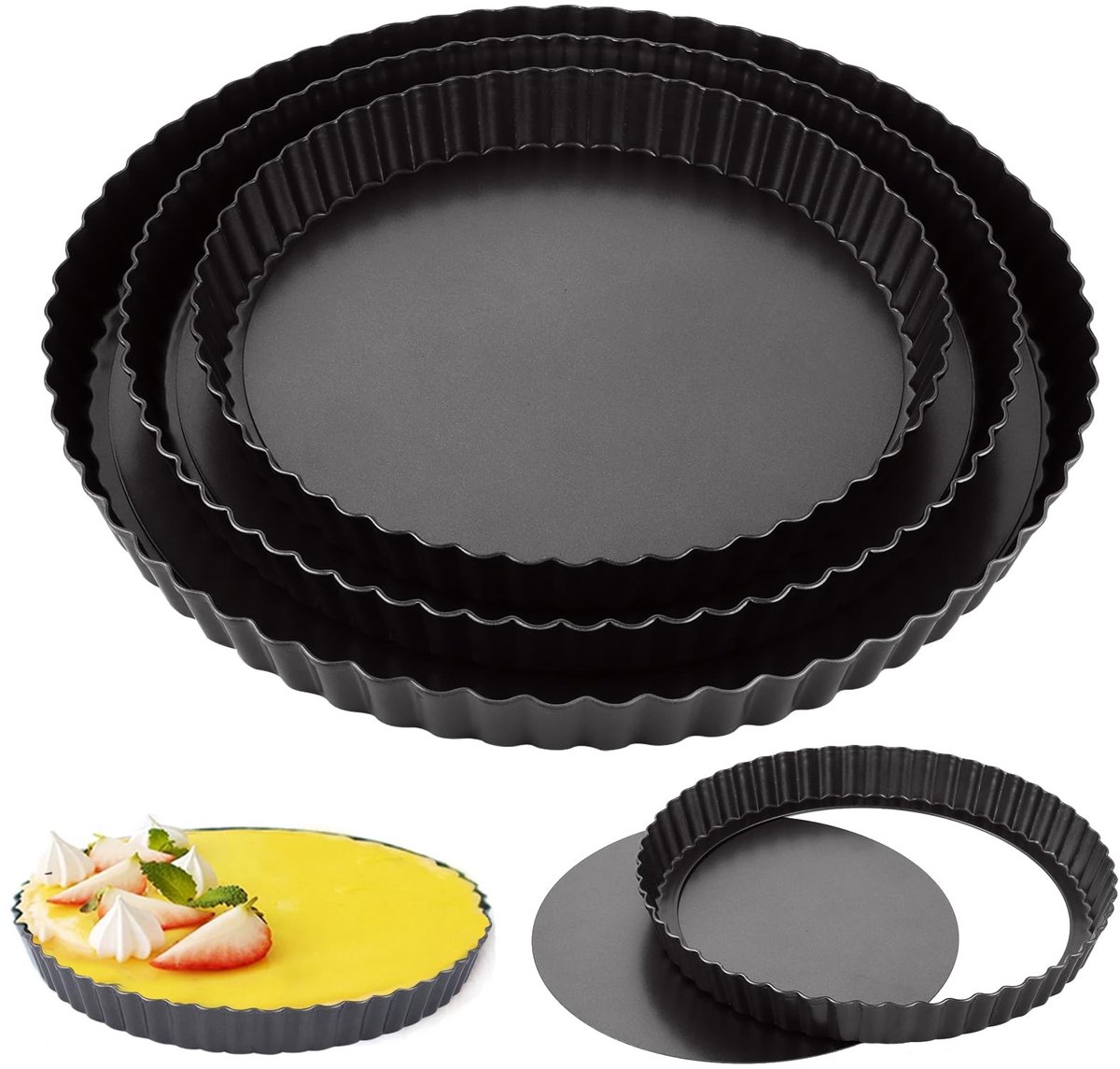 NTHProducts - Cakevormen - Set van 3 - Perfect voor taarten en quiches - Zwart - Non-stick - Geschikt voor de vaatwasser - 22/26/30 cm