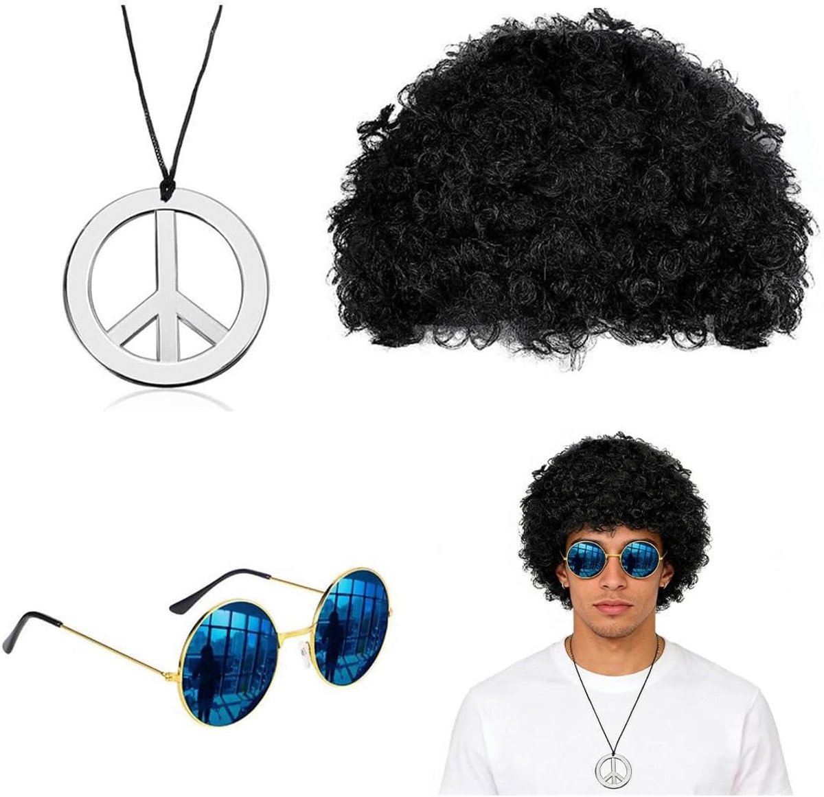 Drie-delige 80s Outfit voor Mannen, Krullend Perkament met Bril en Ketting, Compleet Carnaval Kostuum voor Halloween en Cosplay, Unisex Feestoutfit
