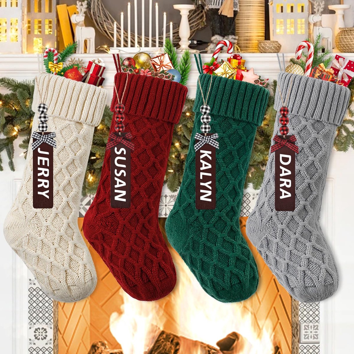 Golden crown - Kerststocking - Gepersonaliseerd met naam - Set van 4 - 18 inch groot - Dunne brei - Perfect voor kinderen - Kerstdecoratie