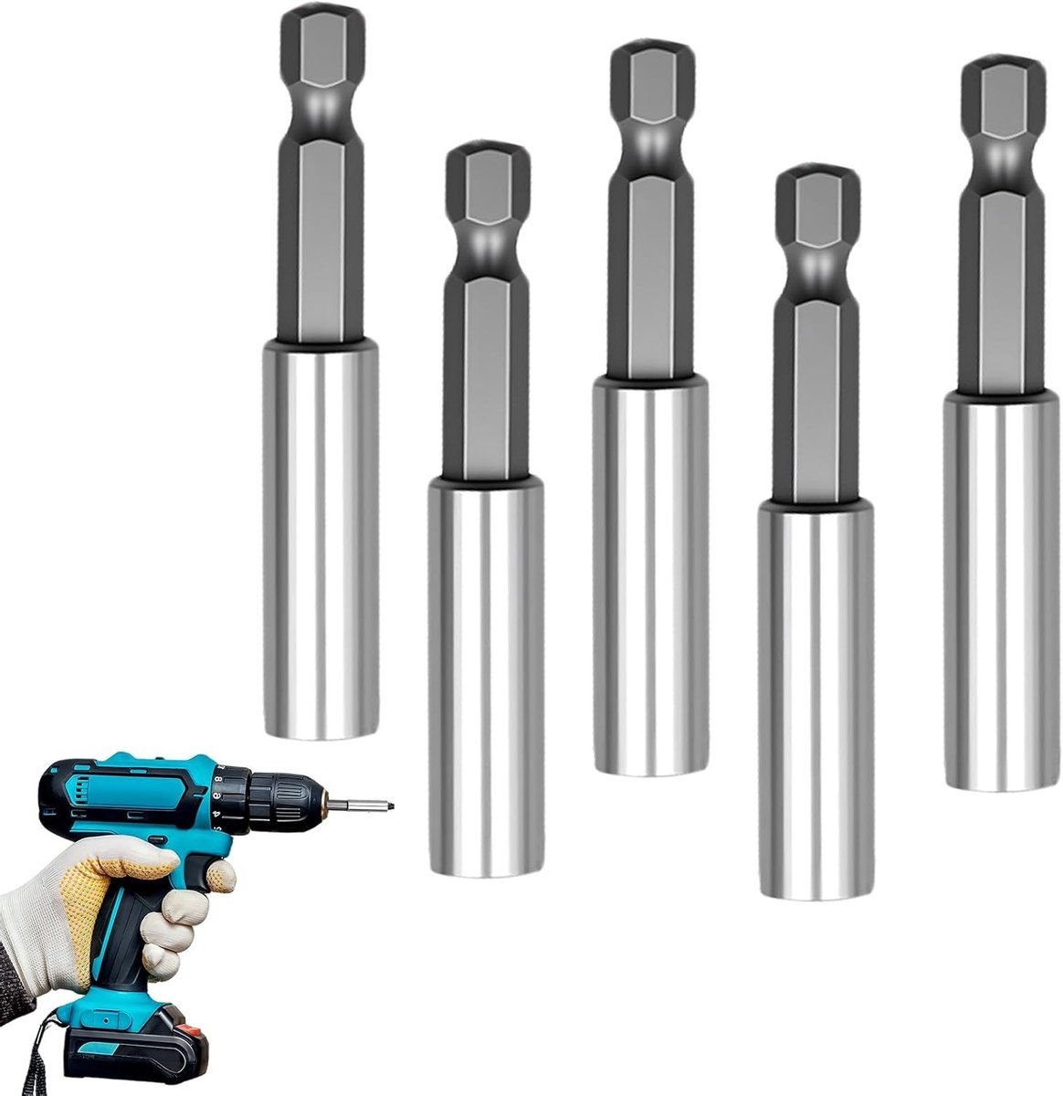 Magnetische Bit Houder Set van 5 Stuks, 1/4" Hex 60mm Snelle Verlenging, Schroevendraaier Bit Houder voor Impact Schroevendraaier, Duurzaam en Roestvrijstaal
