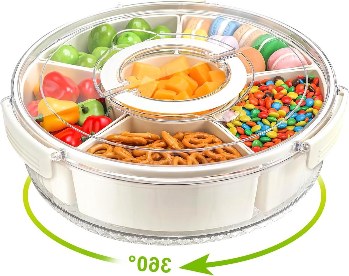 Snack Box met Compartimenten en Deksel 30.5cm - Grote Snack Organizer voor Snoep, Fruit en Tussendoortjes - Rotating Snack Spinner en Snack Bowl voor Efficiënte Opslag