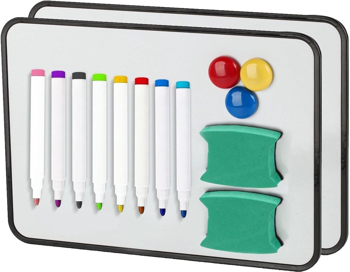 Dubbelzijdig Magnetisch Whiteboard A4, Klein Formaat, Drooguitwisbaar met Pennen en Magneten - 30 x 21 cm, Set van 2 voor Thuis en Kantoor