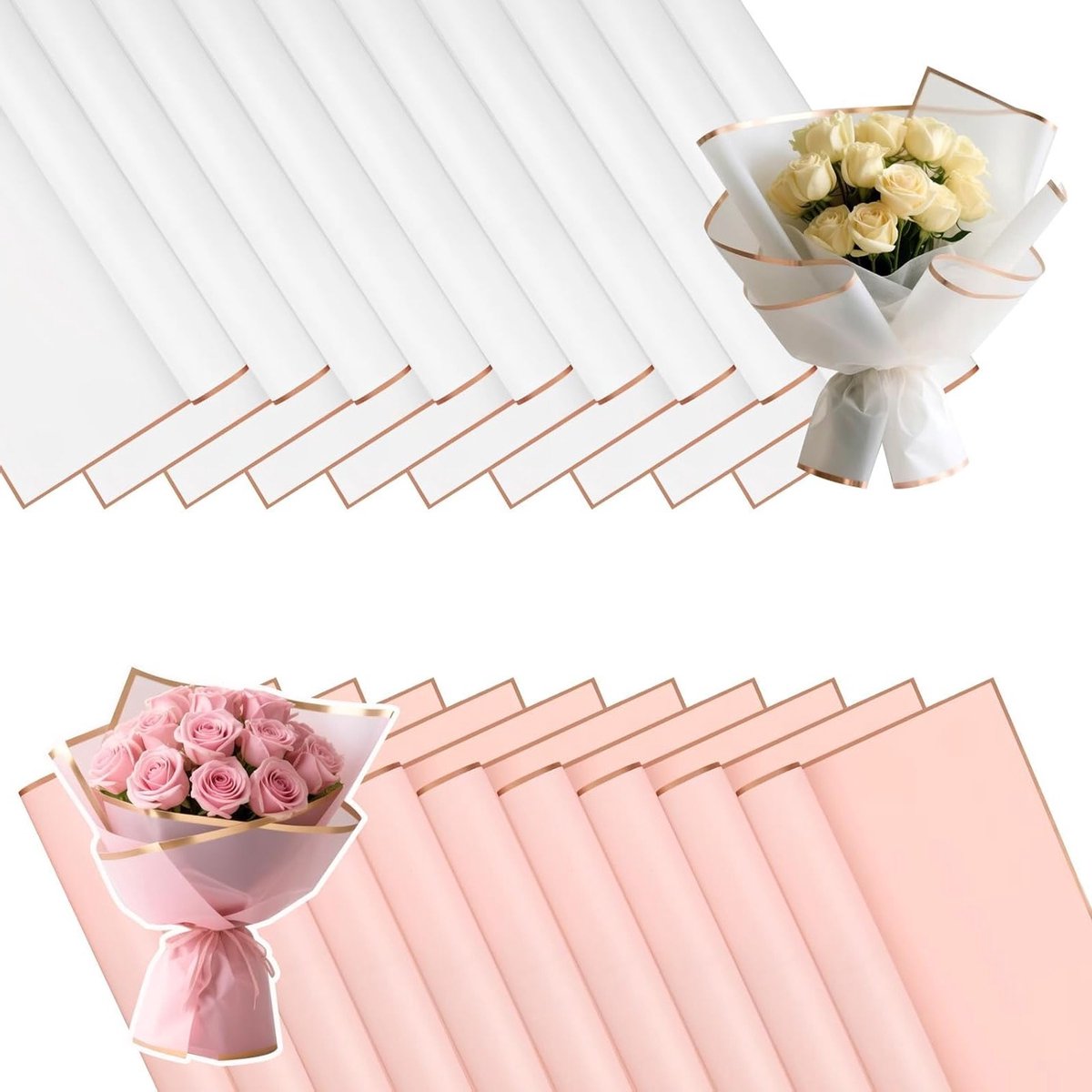 20 Vellen Waterdicht Bloemenboeket Inpakpapier met Gouden Rand voor Geschenken, Knutselen en Decoratie (Roze en Wit)