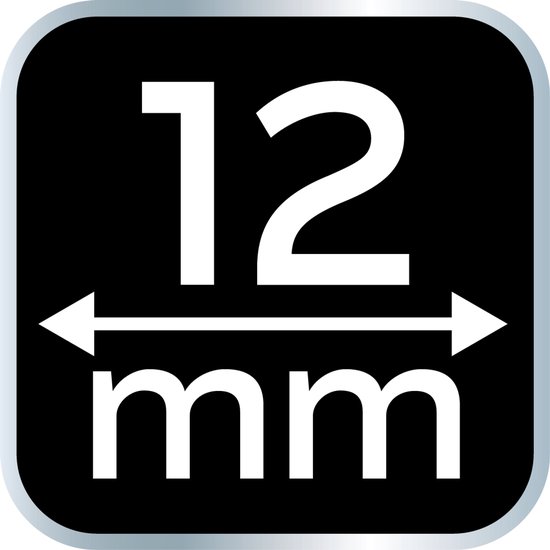 Pijl met tekst '12 mm' op een zwarte achtergrond.