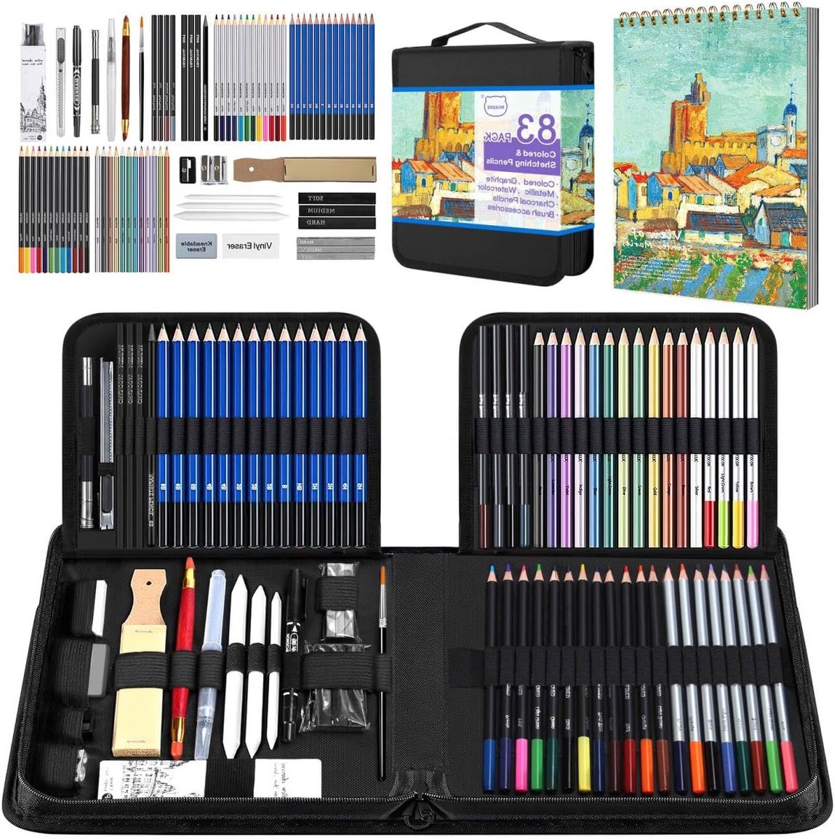 Compleet 83-delig Tekenpakket met Schetsboek, Potloden, Grafiet, Houtskool en Waterverf voor Kunstenaars en Beginners