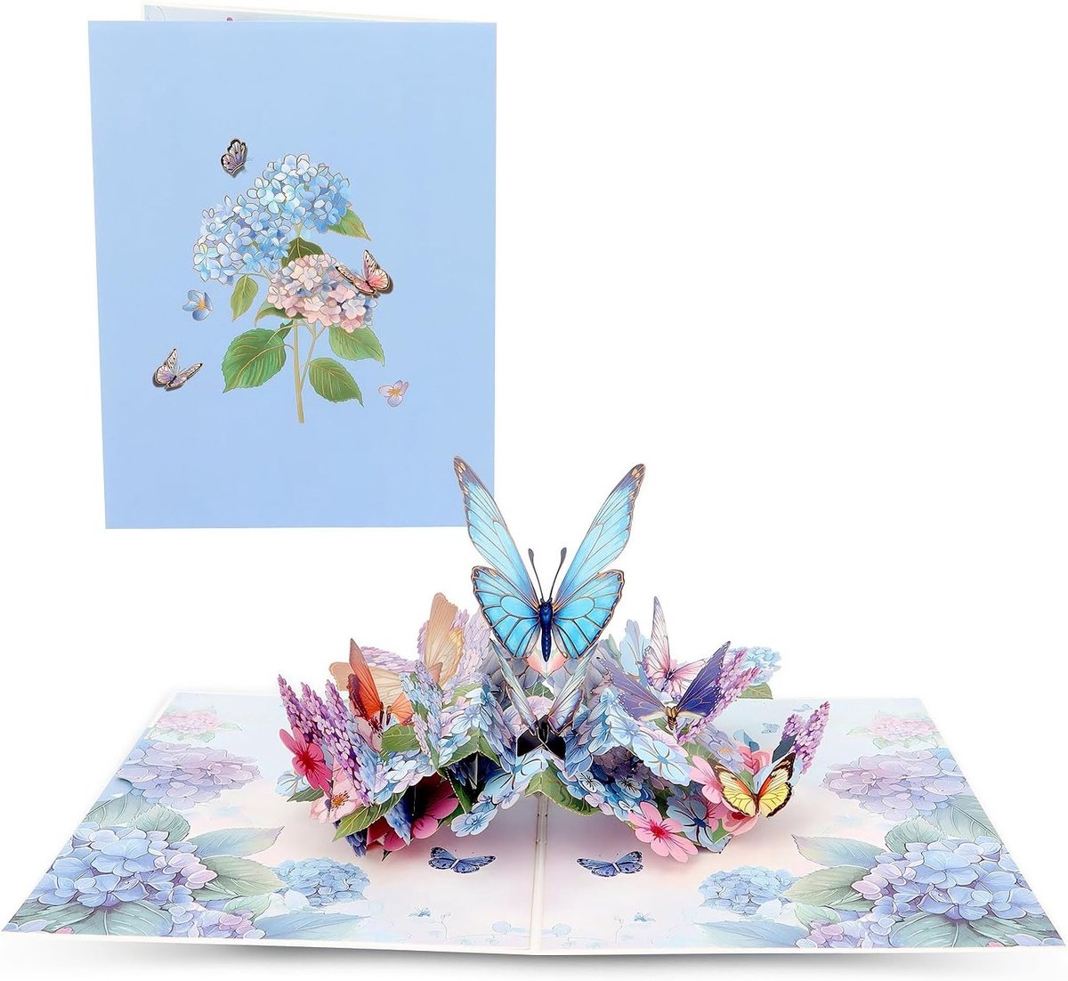 Elegante 3D pop-up wenskaart met majestueuze blauwe vlinders en kunstzinnige bloemenarrangementen voor speciale gelegenheden