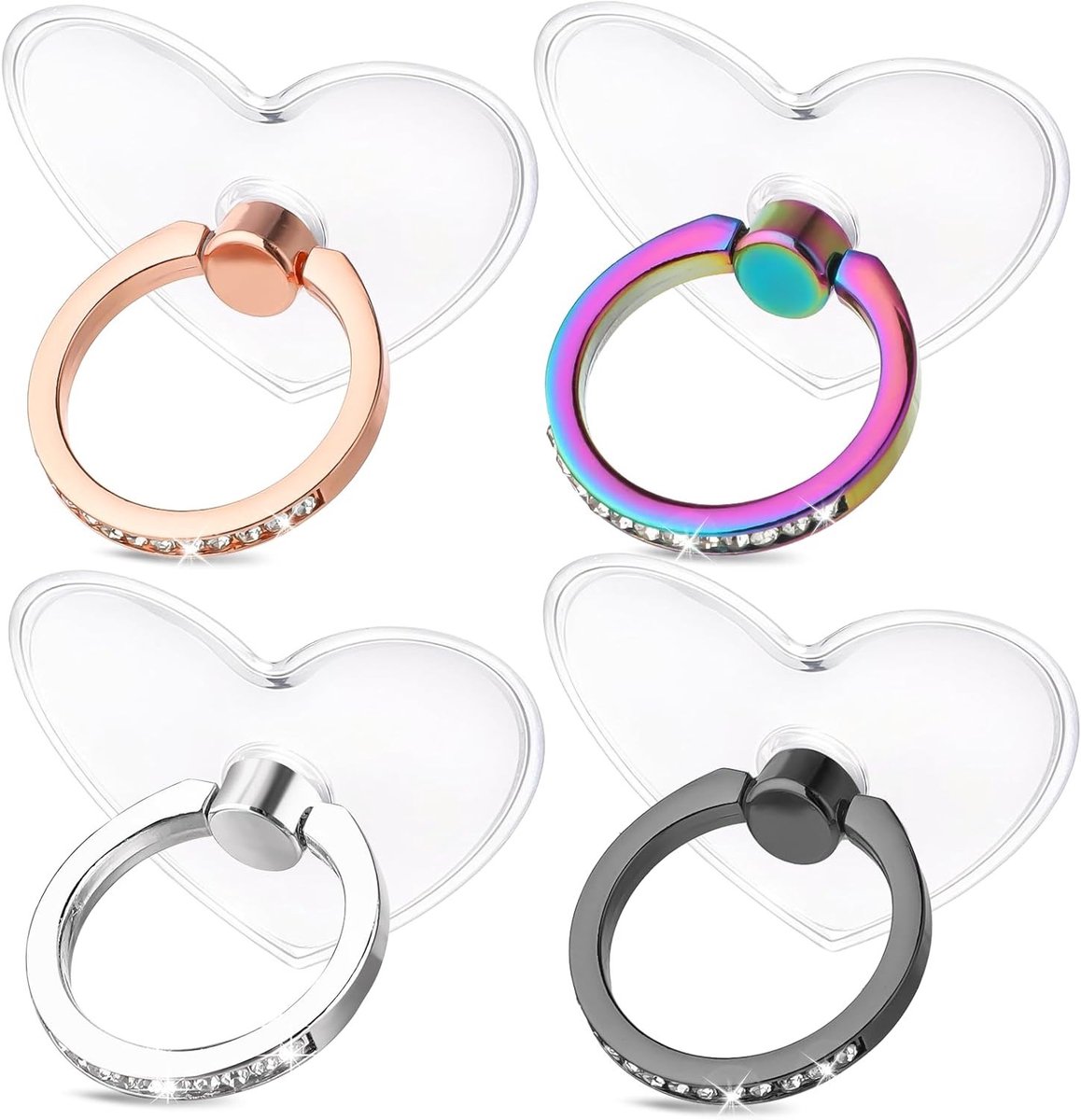 4 Stuks Hartvormige Telefoon Ring Houder - Transparante Vingerhouder voor Smartphones en Tablets - 360 Graden Draaibare Grip in Regenboog, Goud, Zwart en Zilver