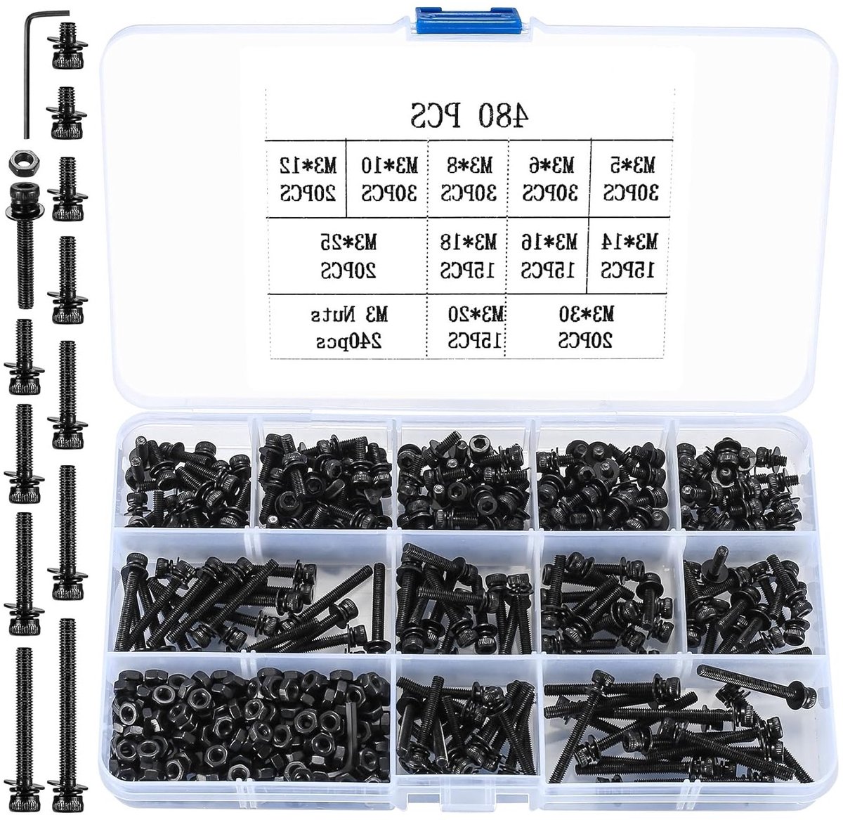 Complete Set van 480 M3 Schroeven, Moeren en Ringen - Hexagon Socket en Cilinderschroeven Assortiment voor Diverse Toepassingen