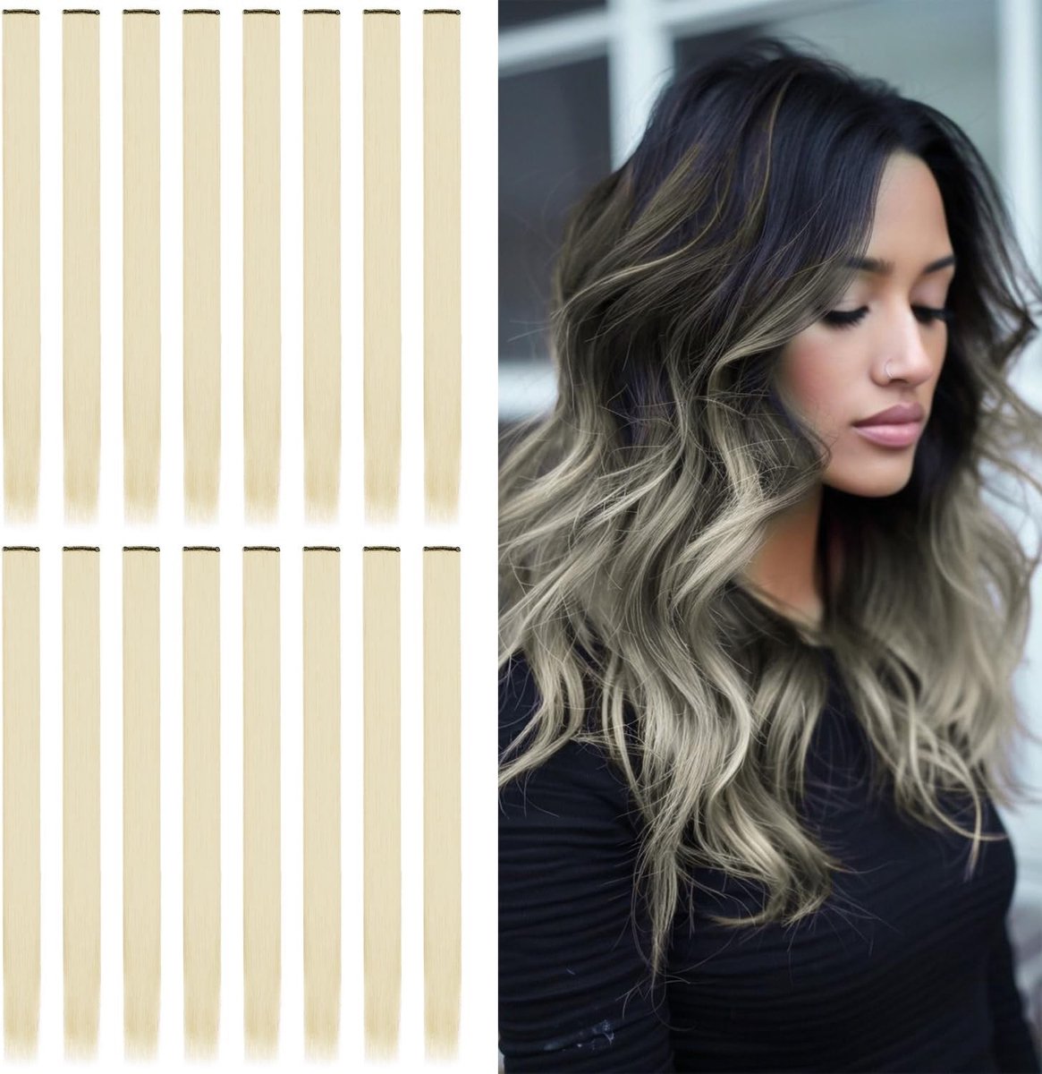 Clip-In Haar Extensions, 16 Stuks, 22 Inch, Rechte Synthetische Haar voor Vrouwen en Meisjes, Gemakkelijk te Gebruiken, Volumineus en Stijlvol