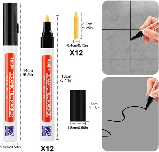 Seb2 - Joint Pen - Tegelherstelpen - 12 stuks - Zwart - Waterdicht - Grout Pen voor Muren en Vloeren - Geschikt voor Badkamers - Joint Pen Zwart — afbeelding 4