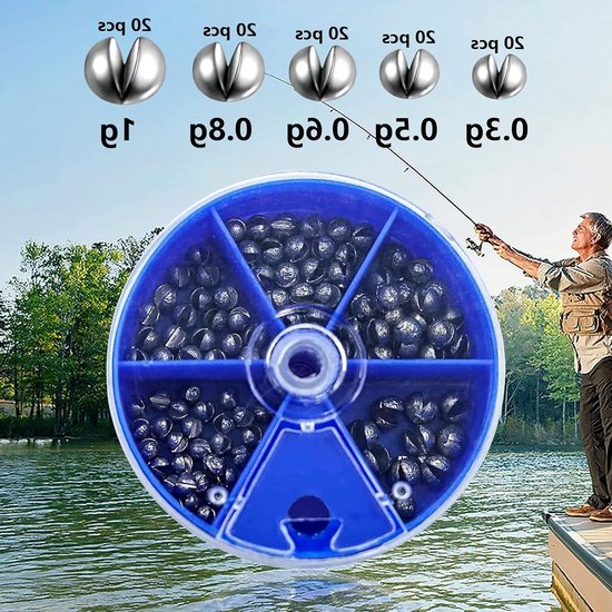 100 Stuks Vislood met Opbergdoos - Verwijderbare Loodgewichten in 5 Maten voor Effectief Vissen, Assortiment van 0.2g tot 1g van Merkloos — afbeelding 2