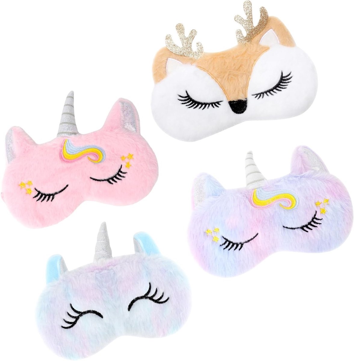 SnelShoppen - 4 stuks grappig slaapmasker voor meisjes, pluche slaapmasker kinderen, ideaal voor rustige nachten, kindercadeaus, cartoon design, comfo