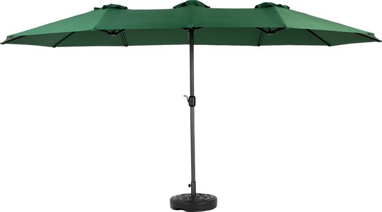 Donkergroene dubbele parasol, volledig open, met een zwarte paal en voet. Rechthoekig model met drie luifels.