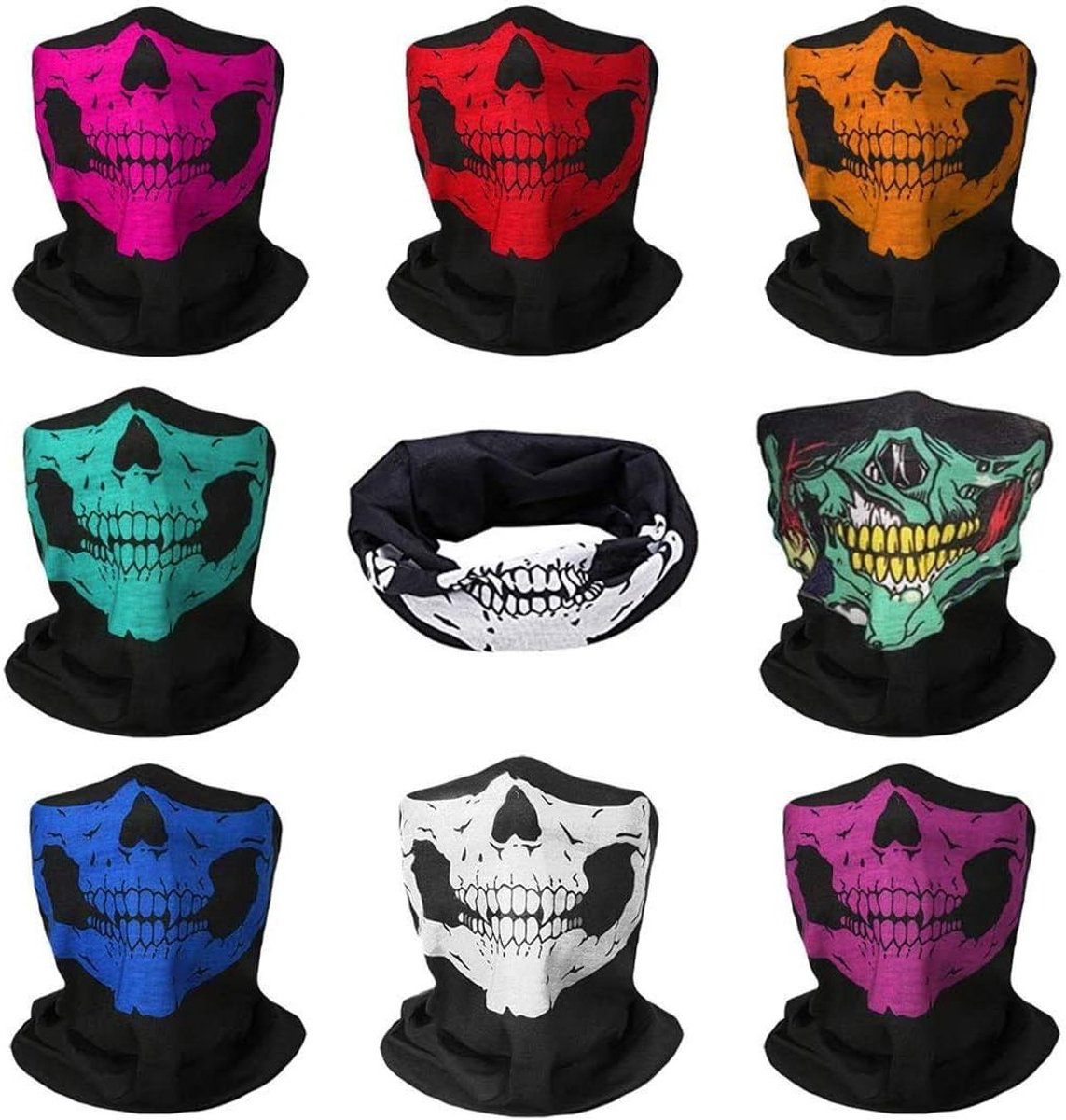 Multifunctionele Skullemasker Sjaal voor Sport en Fietsen - Halloween Gezichtsmasker en Bandana voor Mannen en Vrouwen, 8 Stuks, Multikleur