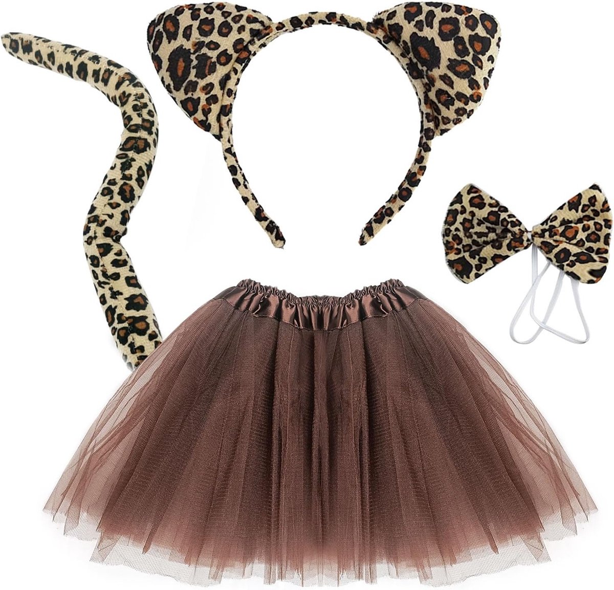 4-delige Luipaard Oor Haarband Set met Tutu Dierlijke Rok, Staart en Strik voor Peuters en Kinderen - Perfect voor Halloween en Verjaardagsfeestjes