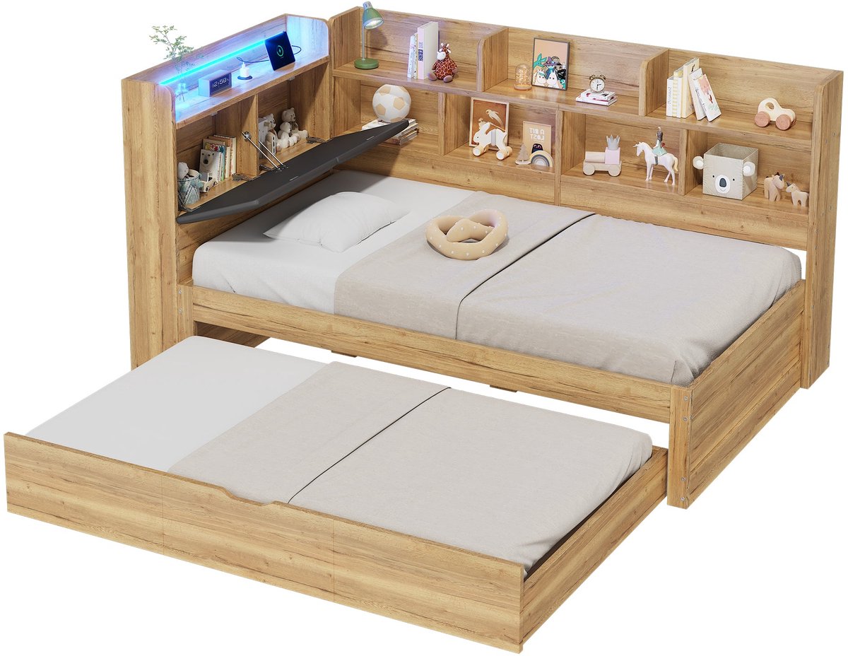 Merax Kinderbed 90x200 Cm - Logeerbed 90x190 Cm - Bed Met Opbergruimte - Led Verlichting Met Afstandsbediening - Usb En Type-C - Houtkleur