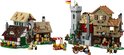 Gedetailleerde weergave van de LEGO Icons Middeleeuws stadsplein set met molen, taverne en wachttoren.