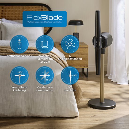 FlexBlade ventilator met 5 snelheidsstanden, kantelfunctie, 180° draaifunctie en 90° oscillatie.